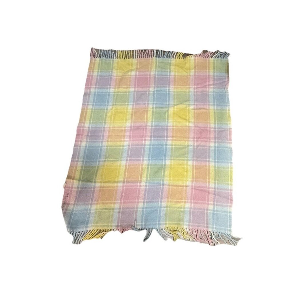 Vtg Tennessee Woolen Mills Baby Blanket Pastel Plaid Fringe Nursery USA Read